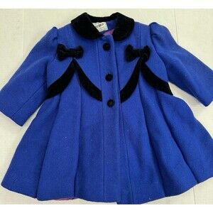 Vintage Rothchild Girl Blue Black Pleated Bow Wool Velvet Coat Toddler 2T USA